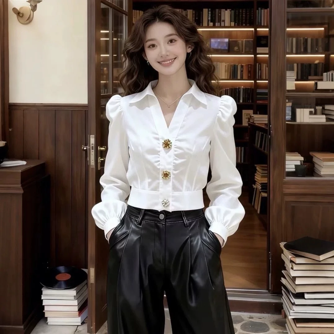 Women Formal Office Wear Tops - Elegant White Shirt V Neck Blouse