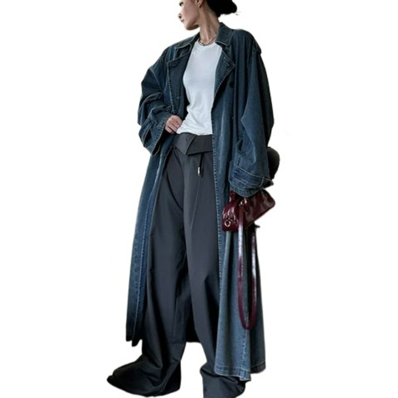 Trench Coat Formal - French Retro Washed Denim Trench Coat