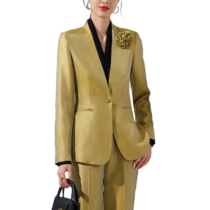 Women Formal Office Wear Tops - Pop Women Blazer Pants Sets Gold