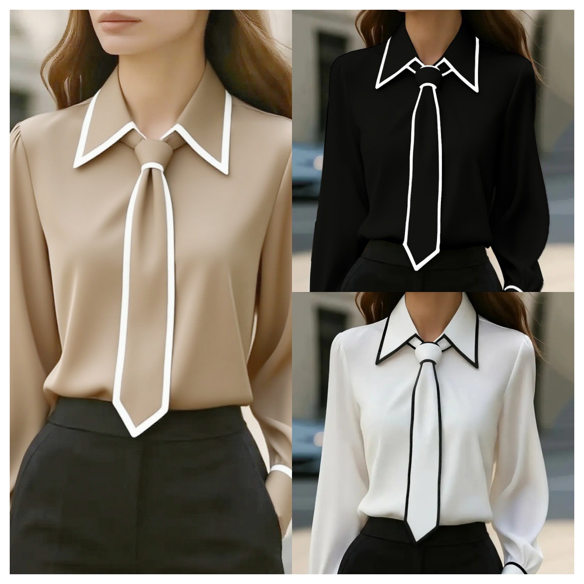 Women Formal Office Wear Tops - Women's Contrast Trim Tie Neck Blouse