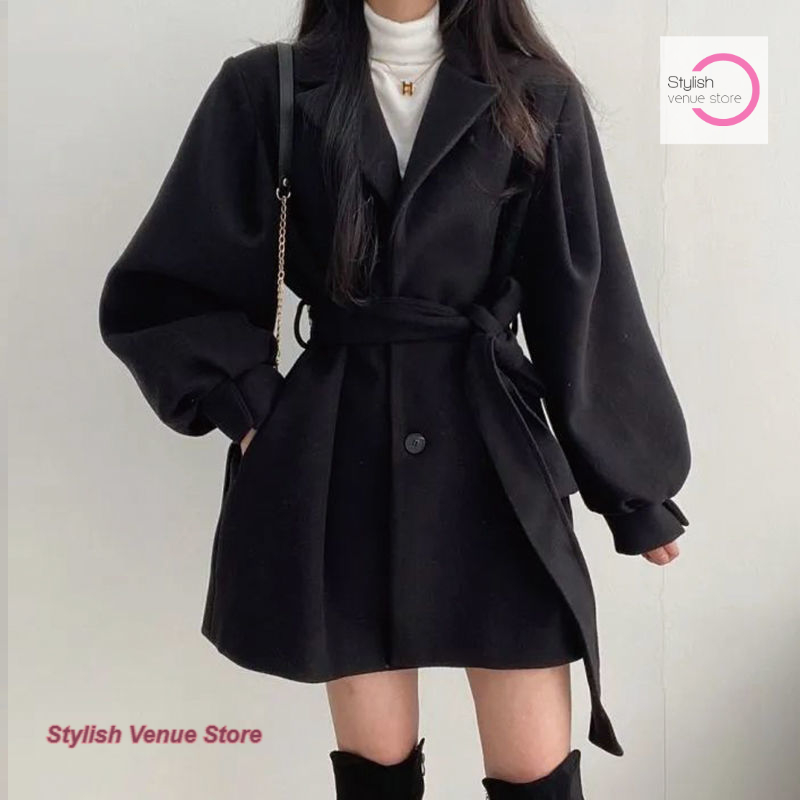 Trench Coat Formal - French Black High-Grade Woolen Coat Women's