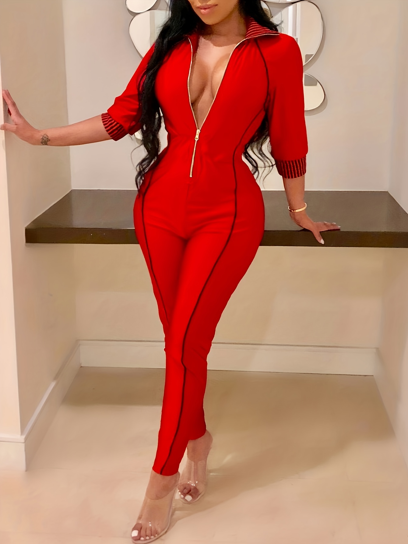 Solid Zipper 3/4 Sleeve Skinny - đánh giá và giá Women'S Formal Wear Jumpsuit