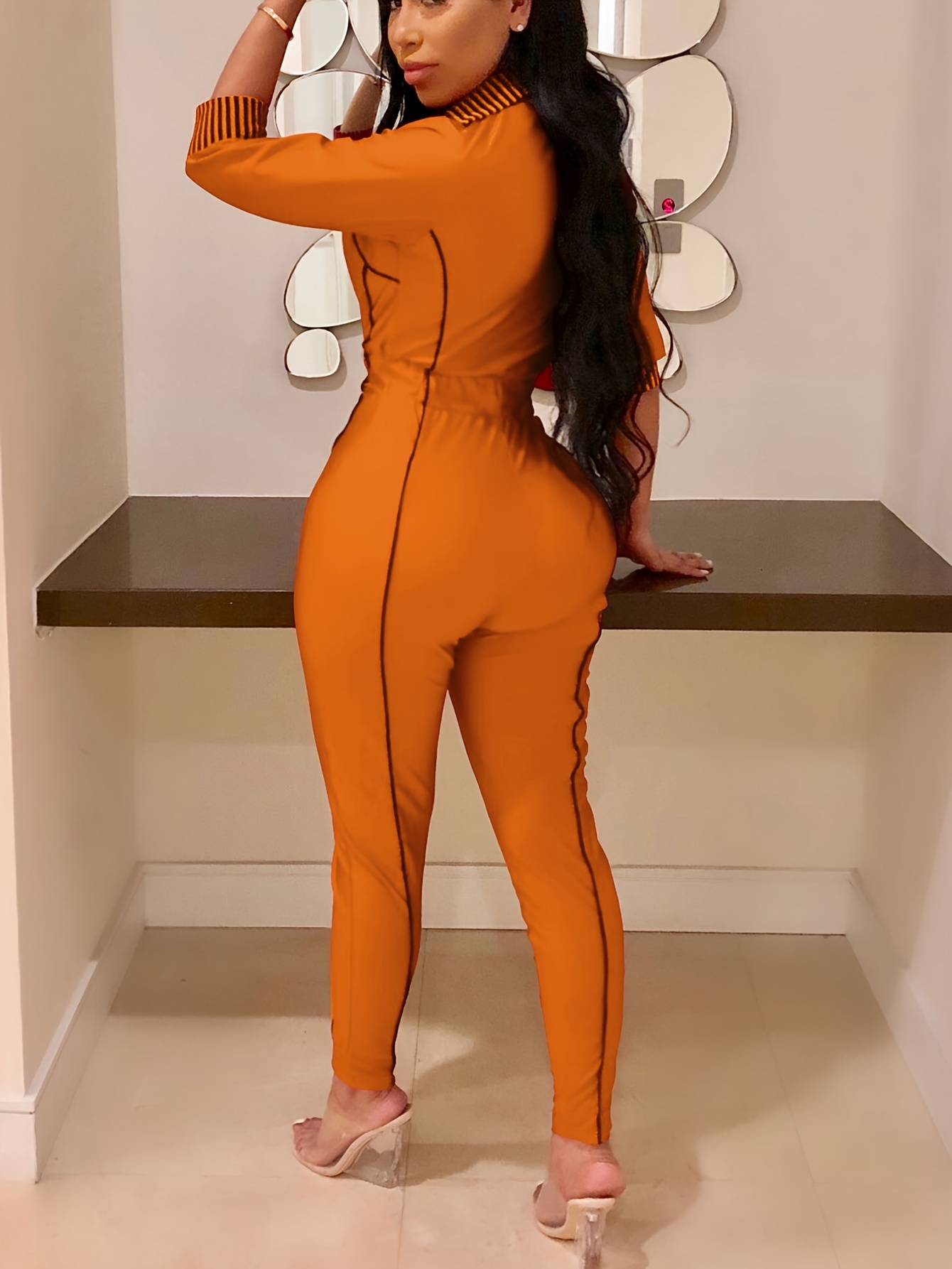 Solid Zipper 3/4 Sleeve Skinny - đánh giá và giá Women'S Formal Wear Jumpsuit