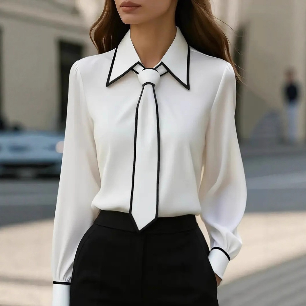 Women's Contrast Trim Tie Neck - đánh giá và giá Women Formal Office Wear Tops
